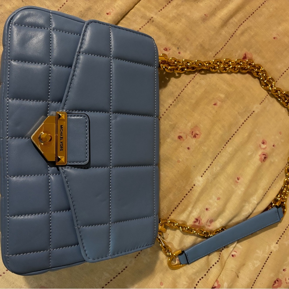 Michael Kors Blue Quilted Shoulder Bag with Gold Chain